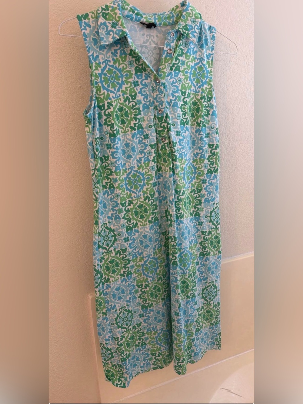 Talbots Sleeveless Collared Green & Blue Medallion Patterned Dress XS